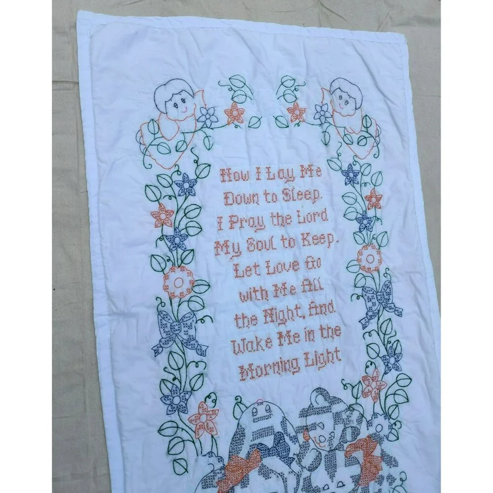 Handmade Baby Quilt Embroidered Prayer Angels Puppies Flowers Now I Lay 37
